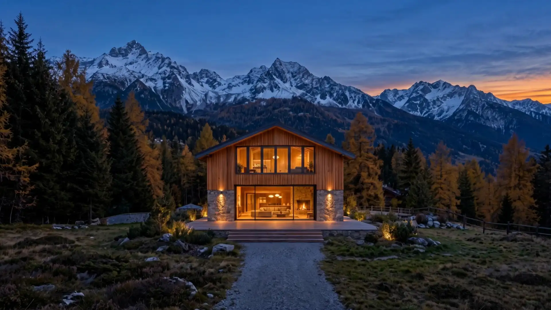 Chalet contemporaneo in montagna al crepuscolo con grandi vetrate illuminate