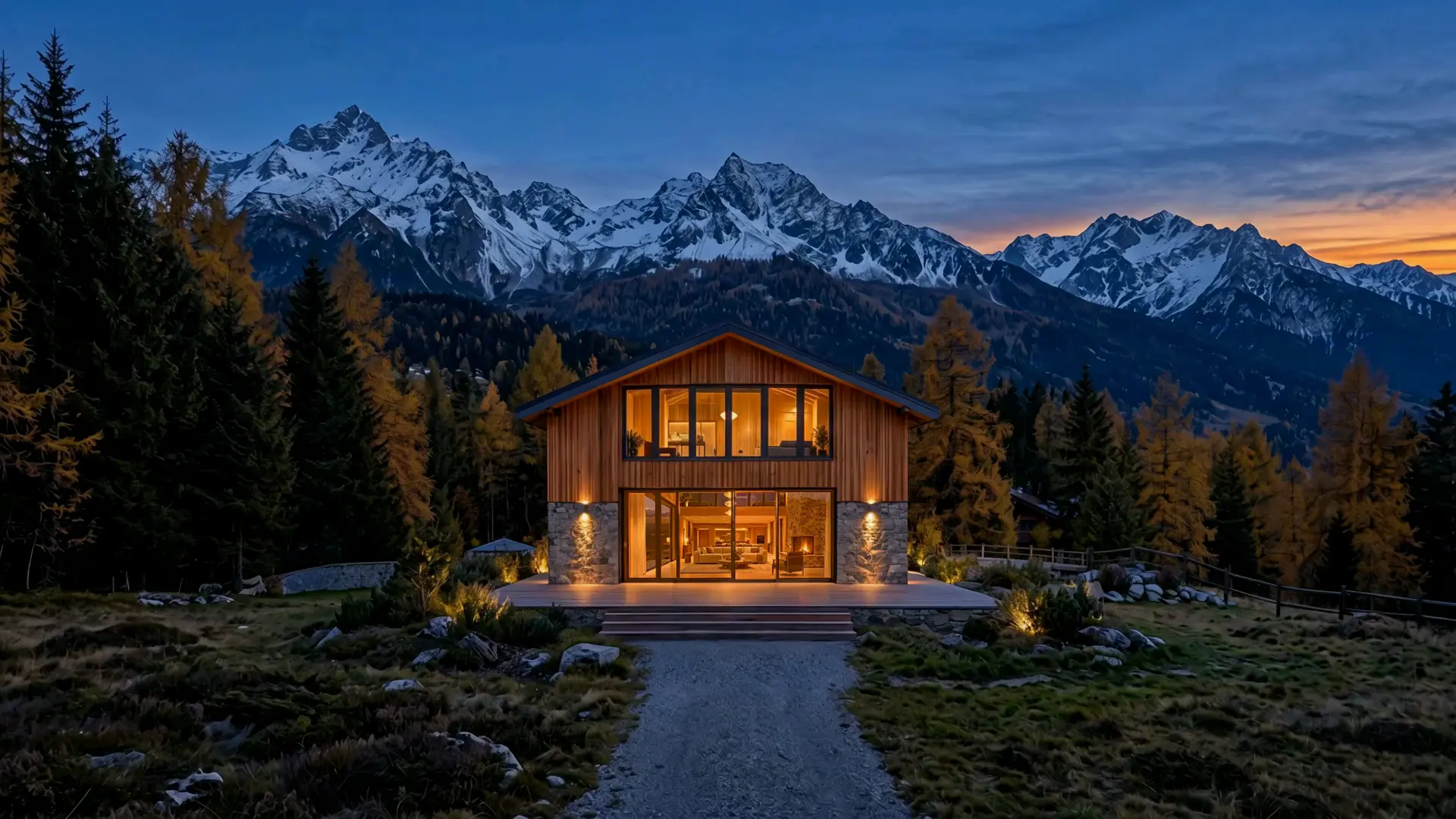 Chalet contemporaneo in montagna al crepuscolo con grandi vetrate illuminate