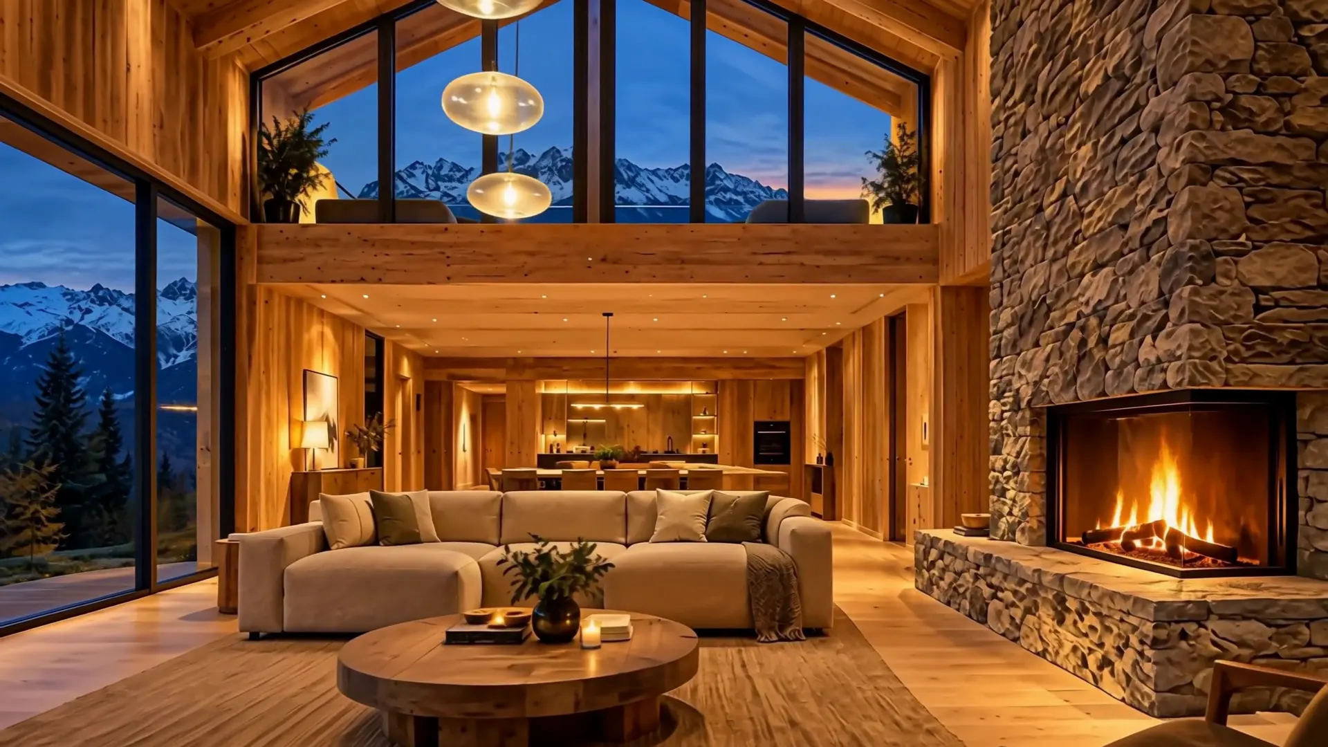 Soggiorno caldo dello chalet con grandi vetrate sulle montagne