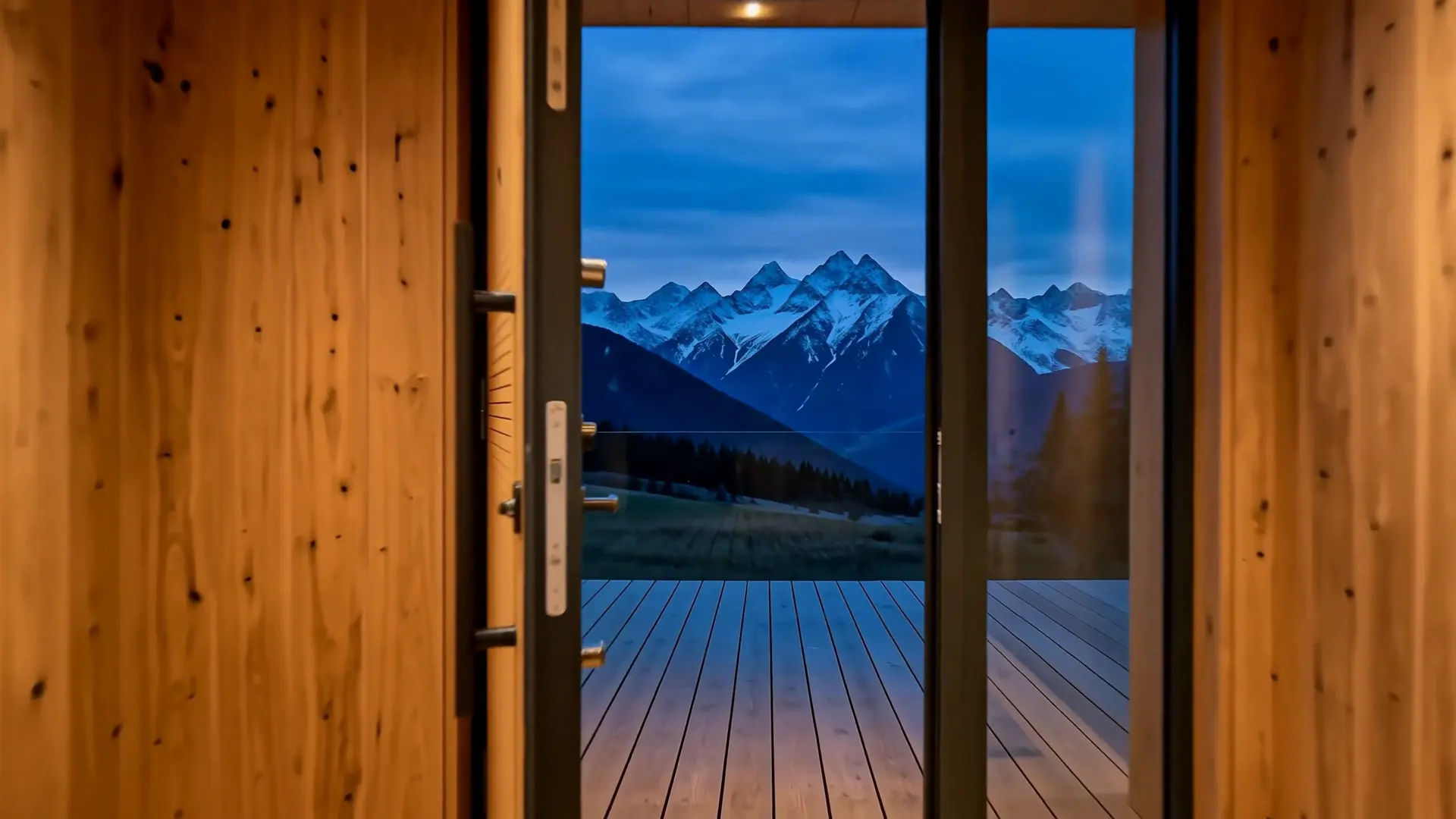 Porta blindata in rovere aperta sulla terrazza e sulle montagne